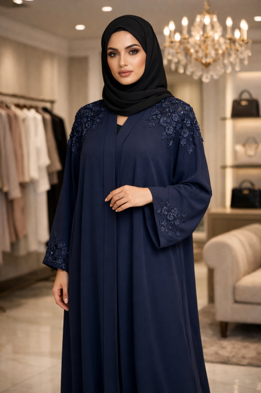 Navy Blue Embroidered Abaya
