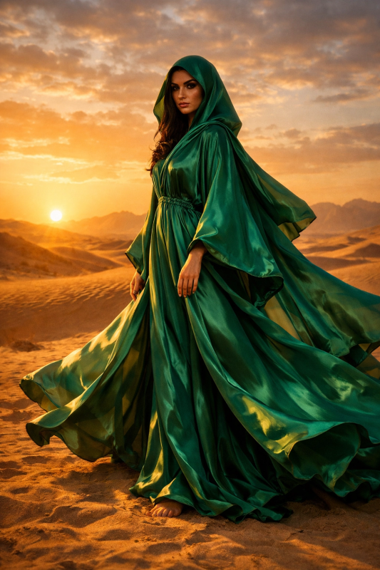 Emerald Satin Hooded Gown